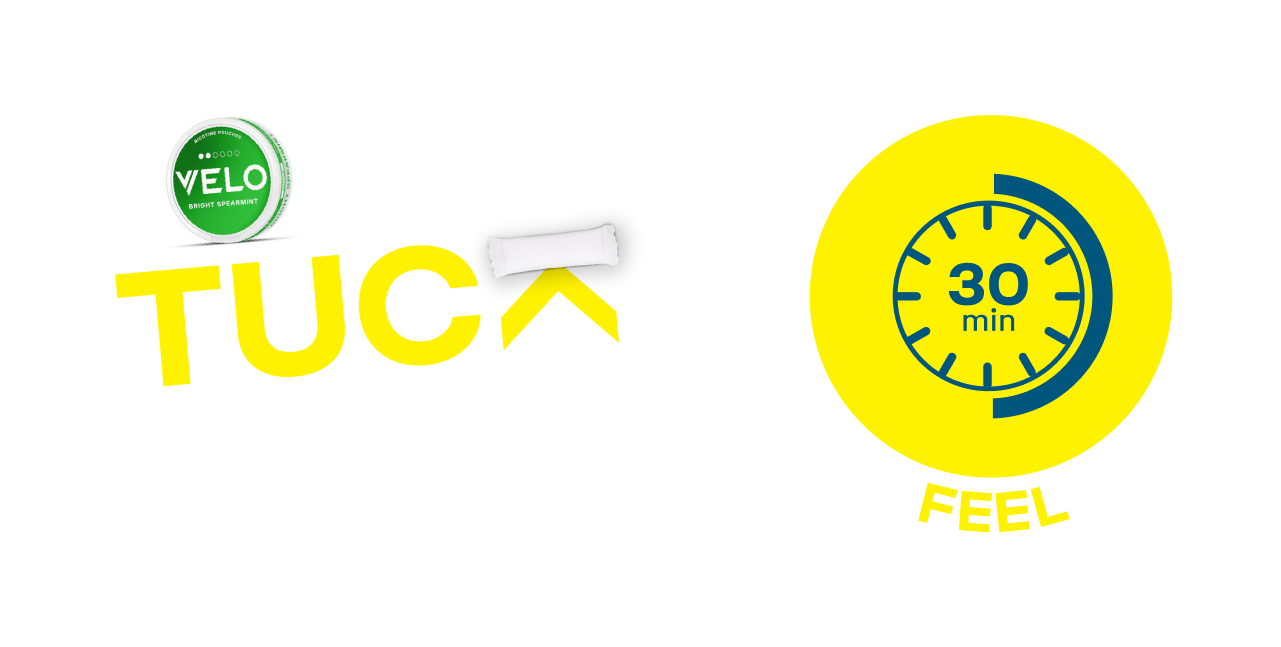 A VELO spearmint pouch is highlighted with text reading "POP TUCK FEEL." A timer shows "30 min" surrounded by a yellow circle, emphasizing duration and experience.