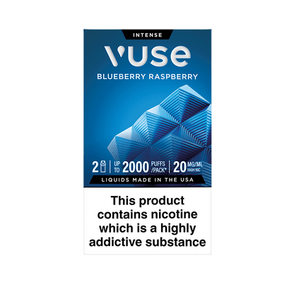 Vuse Intense Blueberry Raspberry vape pod packaging. The box is red with a geometric blueberry design, stating '2 pods', 'up to 2000 puffs per pack', and '20 mg/mL medium nicotine'. A warning at the bottom reads: 'This product contains nicotine which is a highly addictive substance'