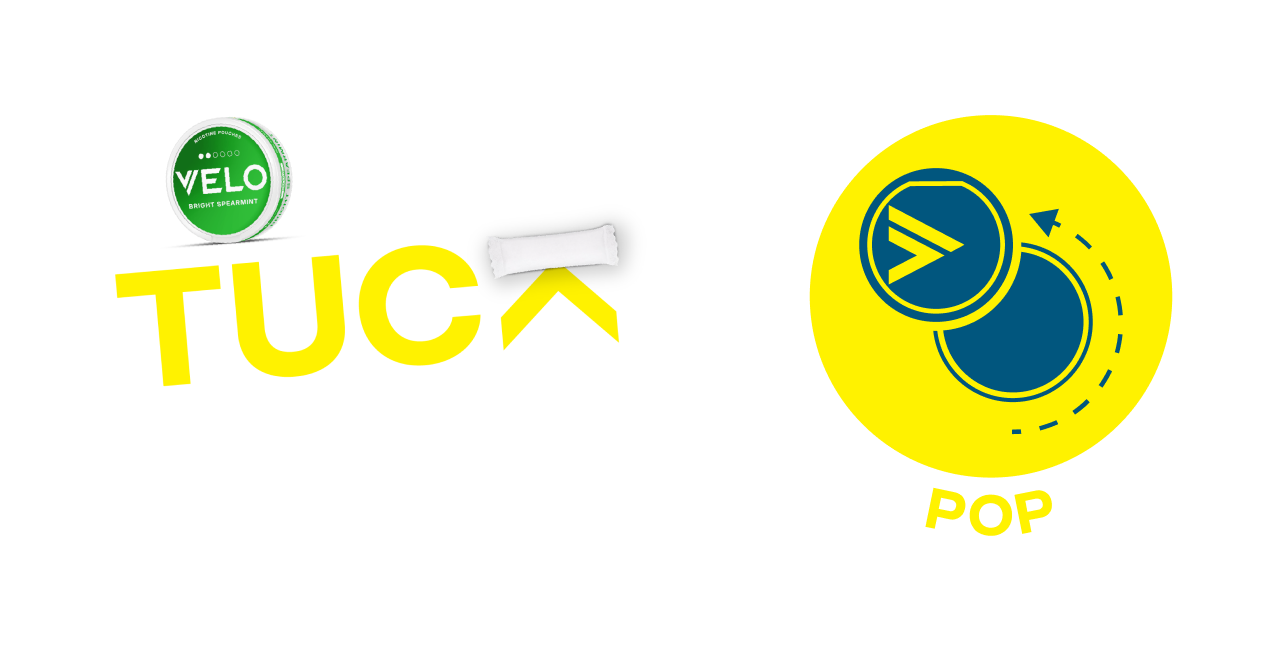 A green VELO Bright Spearmint container is positioned near stylized text: "POP TUC FEEL," with arrows and flame icons. A yellow circle features two overlapping blue circles with arrows labeled "POP."