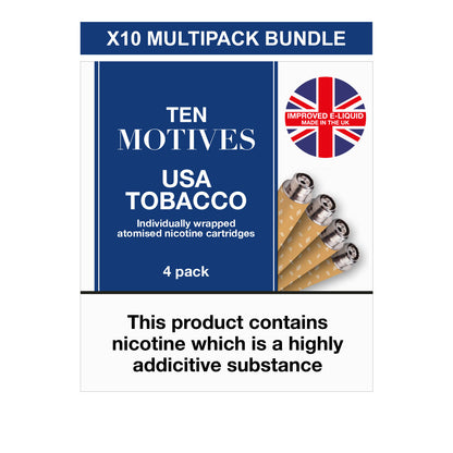 Nicotine cartridge packaging labeled "TEN MOTIVES USA TOBACCO" with four cartridges shown. Features "X10 MULTIPACK BUNDLE" and a warning: "This product contains nicotine which is a highly addictive substance."
