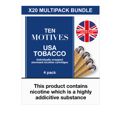 A box labeled "Ten Motives USA Tobacco" contains four individually wrapped atomised nicotine cartridges. A Union Jack emblem states "IMPROVED E-LIQUID MADE IN THE UK." Warning: "This product contains nicotine, a highly addictive substance."