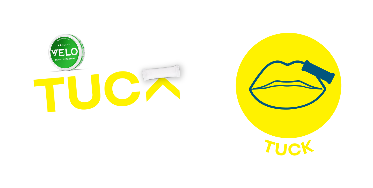 VELO container emerges from the word "POP." "TUCK" features an arrow beneath a pouch. "FEEL" highlights a flame. Right side shows lips with a pouch, labeled "TUCK."