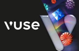 Text "Vuse" appears beside colorful geometric shapes, including spheres and cubes, set against a dark background.