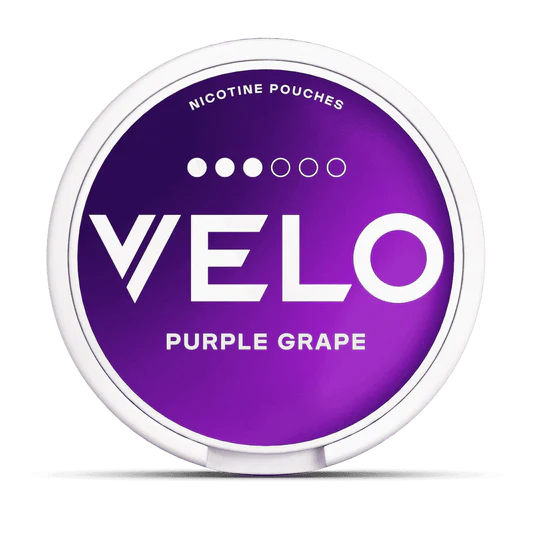Velo nicotine pouches container with 'Purple Grape' flavor on a white background.