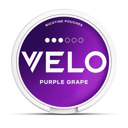 Velo nicotine pouches container with 'Purple Grape' flavor on a white background.