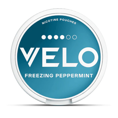 Velo nicotine pouches container with 'Freezing Peppermint' flavor on a white background.
