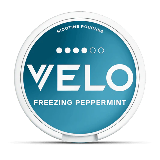 Velo nicotine pouches container with 'Freezing Peppermint' flavor on a white background.