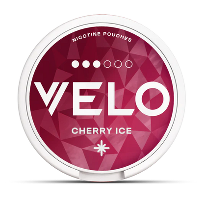 Velo nicotine pouches container with 'Cherry Ice' flavor on a white background.