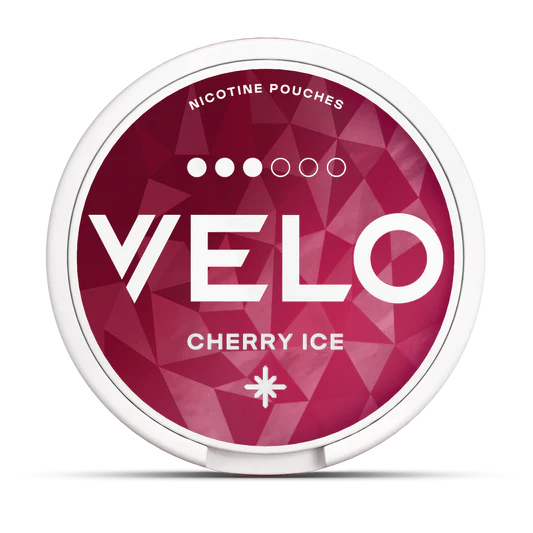 Velo nicotine pouches container with 'Cherry Ice' flavor on a white background.