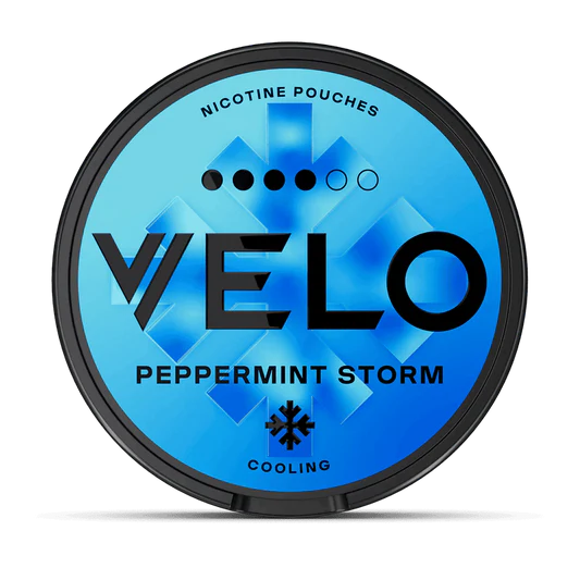 Velo nicotine pouches container with 'Peppermint Storm' flavor on a white background.