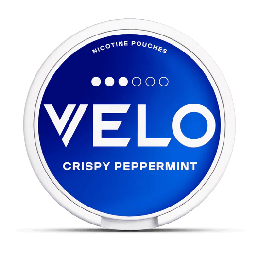 Velo nicotine pouches container with 'Crispy Peppermint' flavor on a white background.