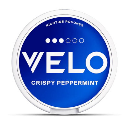 Velo nicotine pouches container with 'Crispy Peppermint' flavor on a white background.