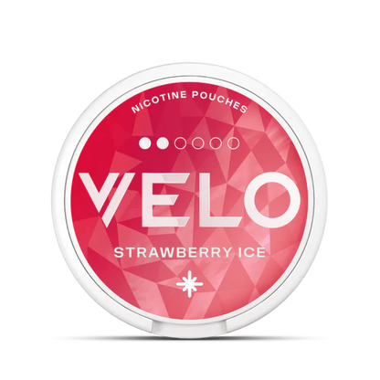 Velo nicotine pouches container with 'Strawberry Ice' flavor on a white background.