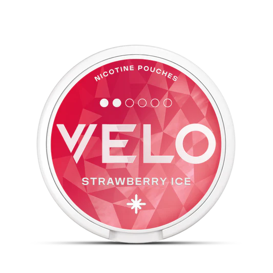 Velo nicotine pouches container with 'Strawberry Ice' flavor on a white background.