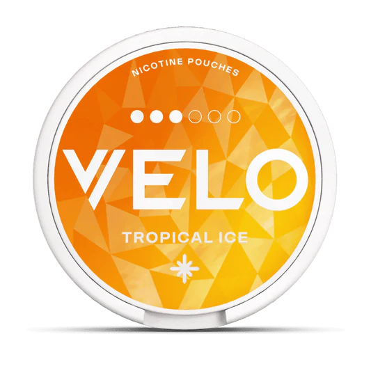 Velo nicotine pouches container with 'Tropical ice' flavor on a white background.