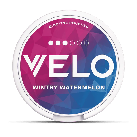 Velo nicotine pouches container with 'Wintry Watermelon' flavor on a white background.