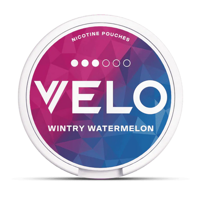 Velo nicotine pouches container with 'Wintry Watermelon' flavor on a white background.