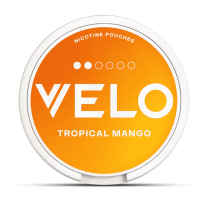Velo nicotine pouches container with 'Tropical Mango' flavor on a white background.