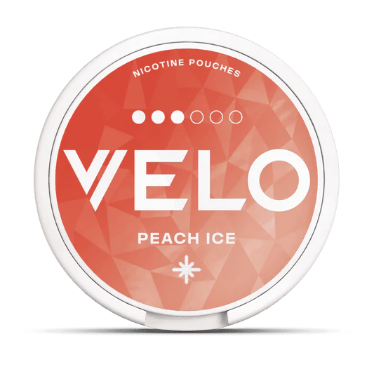 Velo nicotine pouches container with 'Peach Ice' flavor on a white background.