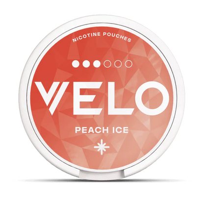 Velo nicotine pouches container with 'Peach Ice' flavor on a white background.