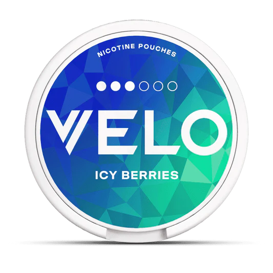 Velo nicotine pouches container with 'Ice Berries' flavor on a white background.