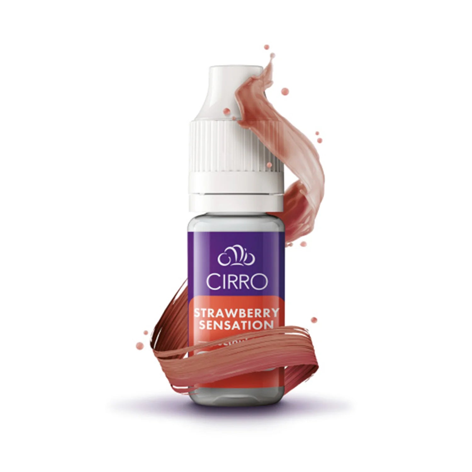 Cirro Strawberry Sensation e-liquid bottle on a white background with a swirl design around the bottle.
