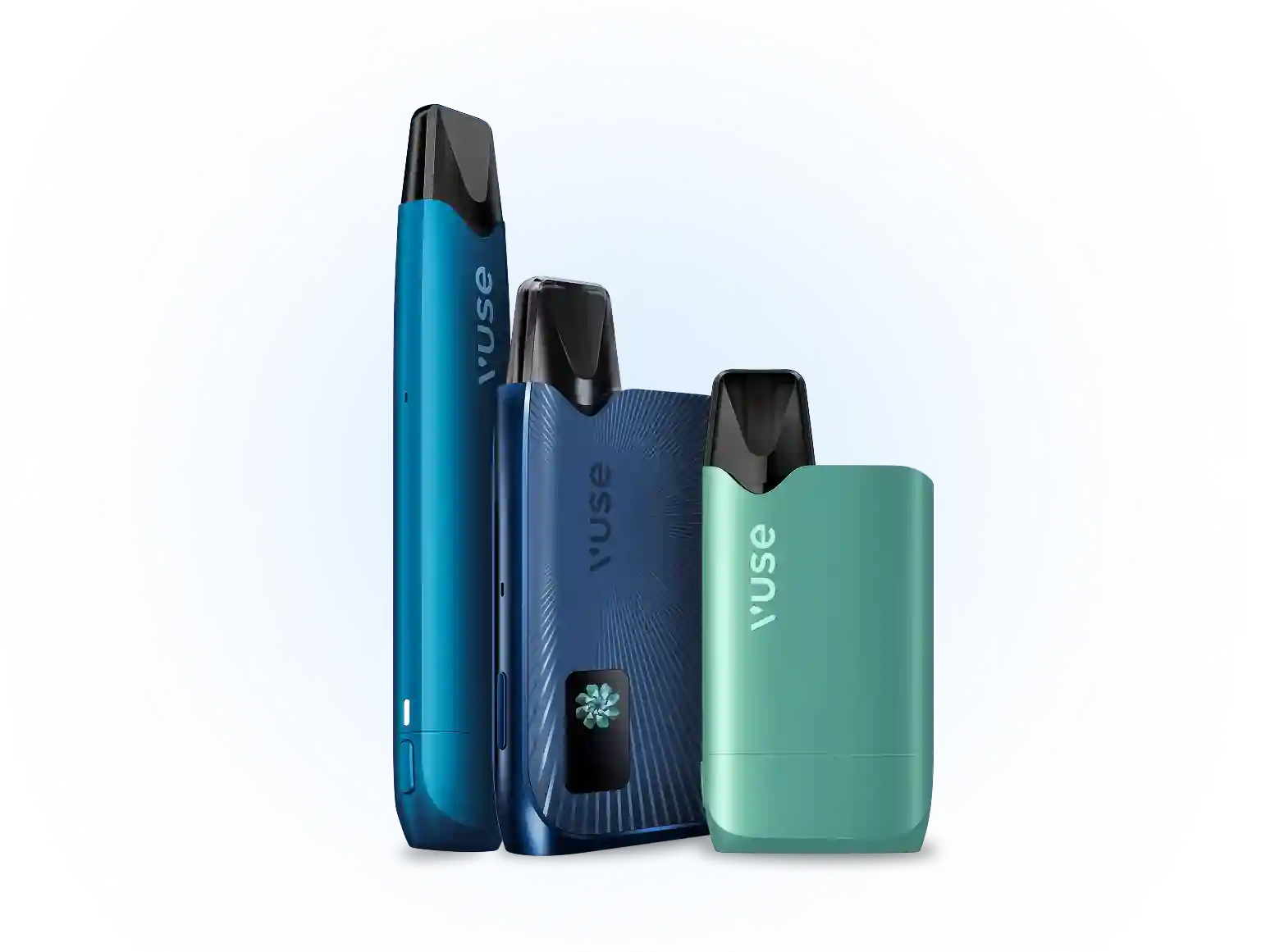 Three VUSE devices: Blueberry Ice Vuse Reload Pen, Vuse Ultra in blue and Mint Ice Vuse Reload box on a white background.