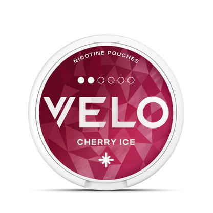 Velo nicotine pouches container with 'Cherry Ice' flavor on a white background.