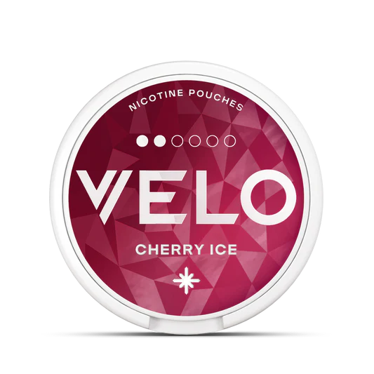 Velo nicotine pouches container with 'Cherry Ice' flavor on a white background.
