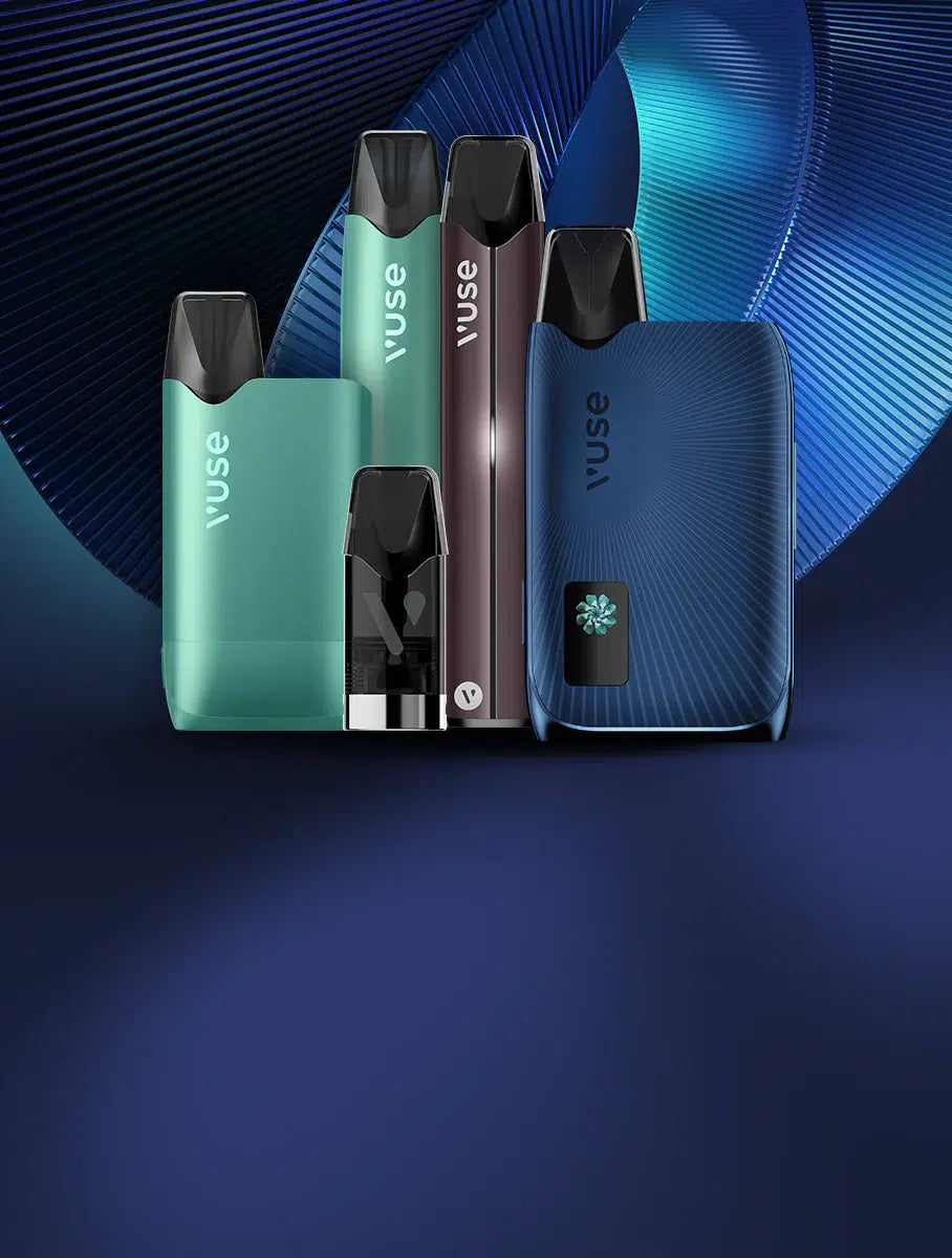 Vuse vaping devices in various colors on a blue gradient background