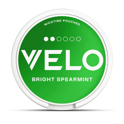 Velo nicotine pouches container with 'Bright Spearmint' flavor on a white background.