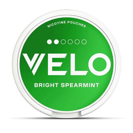 Velo nicotine pouches container with 'Bright Spearmint' flavor on a white background.