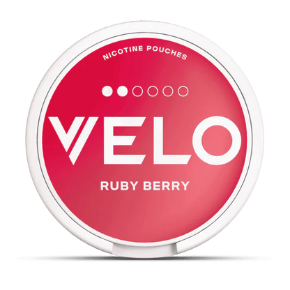 Velo nicotine pouches container with 'Ruby Berry' flavor on a white background.