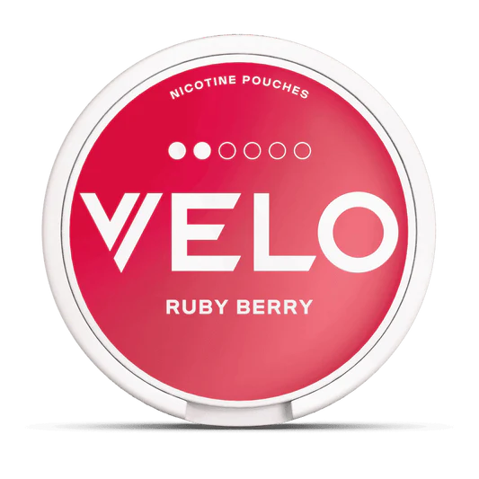 Velo nicotine pouches container with 'Ruby Berry' flavor on a white background.
