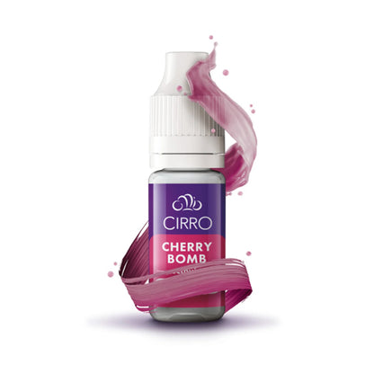 Cirro Cherry Bomb e-liquid bottle on a white background with a swirl design around the bottle.