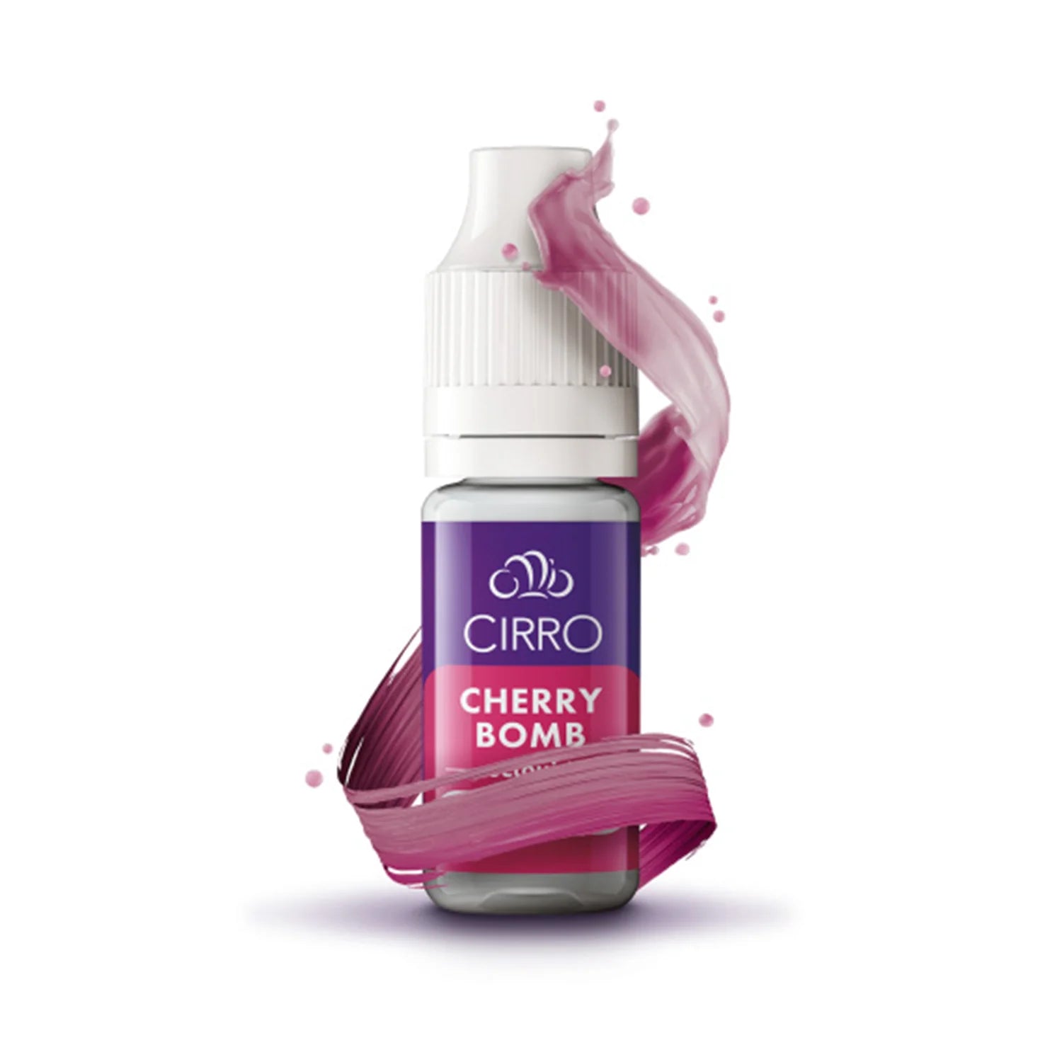 Cirro Cherry Bomb e-liquid bottle on a white background with a swirl design around the bottle.
