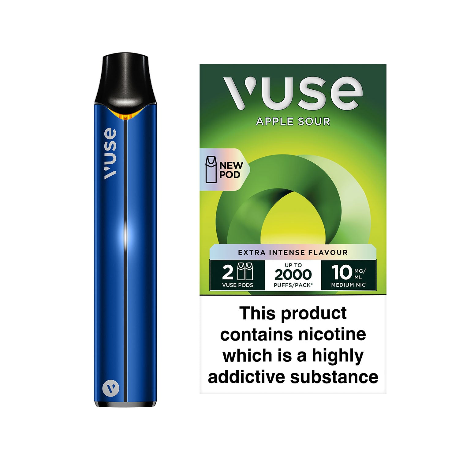 Object: A blue packet of 10 Motives' Apple Sour, 10MG electronic cigarettes
Action: The packet is static, it stands upright.
Context: It is isolated against a white background.
Text: "10 Motives, Apple Sour, Deliciously tasty, 10MG, 10ml, Super Powered Liquid, AS Easy 1 2 3 4."