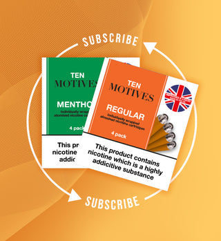 Promotional graphic for 'Ten Motives'  with 2 nicotine refills packs with subscription callouts on an orange background.