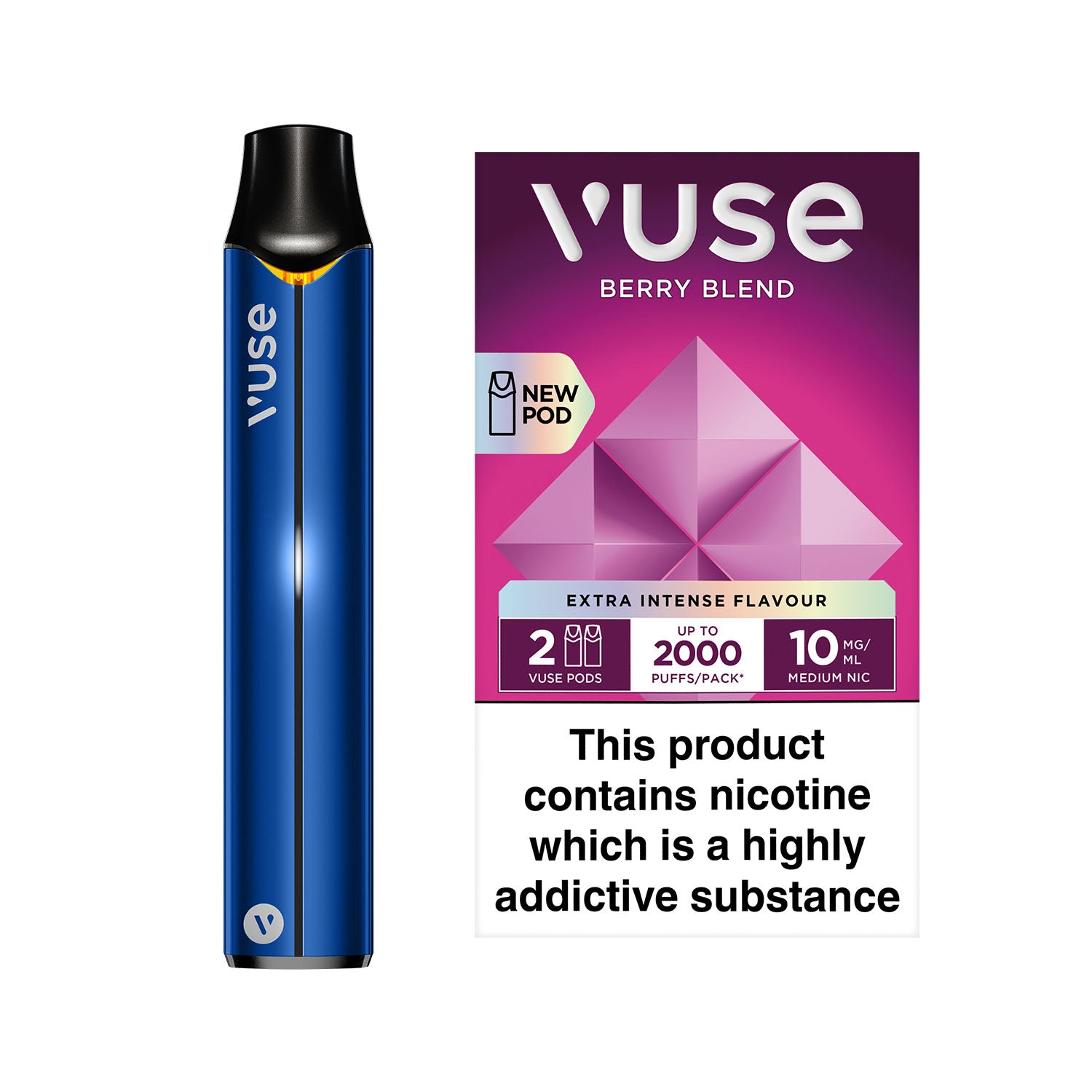 The image features a pack of Berry Blend 10 Motives disposable e-cigarettes (object) placed against a light background (context). Transcribed text: "10 motives, Berry Blend, 16+ only, Nicotine."