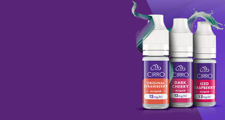 Cirro E-liquids vape juice bottles. Original Strawberry 12mg/ml, Dark Cherry 12mg/ml & Iced Raspberry 12mg/ml flavours shown on a purple background with swirls around the bottles.