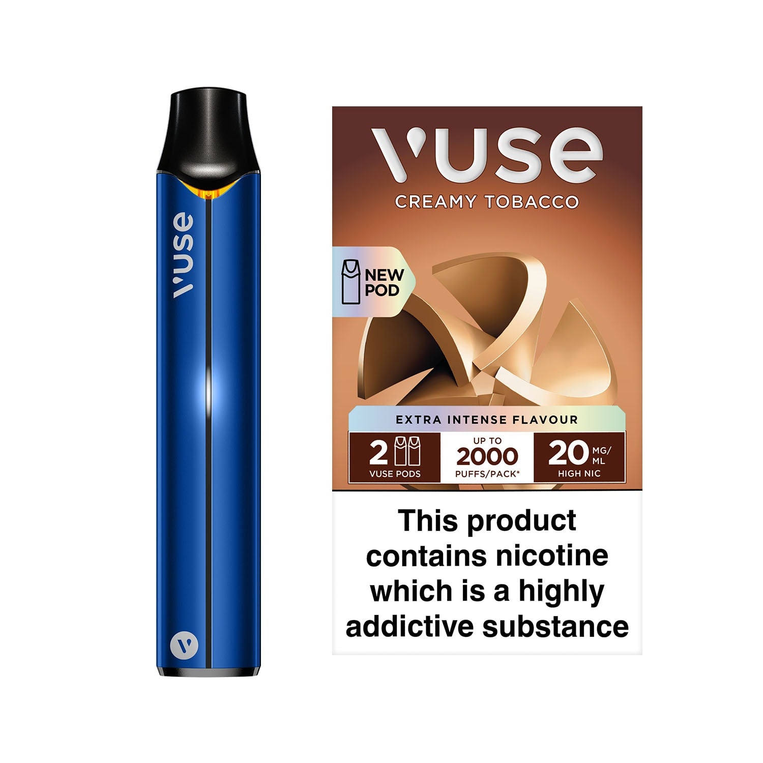 The image depicts a blue e-cigarette stand-alone product titled “Creamy Tobacco 20MG” set against a white background. Highlighting the potential high nicotine content.