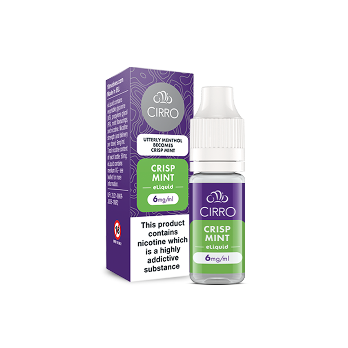 Cirro Crisp Mint 6mg/ml eLiquid bottle and packaging with a statement 'Utterly Menthol becomes Crisp Mint'. This product contains nicotine which is a highly addictive substance.