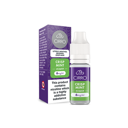 Cirro Crisp Mint 6mg/ml eLiquid bottle and packaging with a statement 'Utterly Menthol becomes Crisp Mint'. This product contains nicotine which is a highly addictive substance.