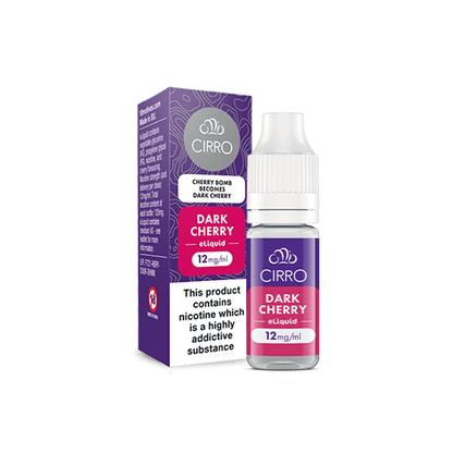 Cirro Dark Cherry 12mg/ml eLiquid bottle and packaging with a statement 'Cherry Bomb becomes Dark Cherry'. This product contains nicotine which is a highly addictive substance.