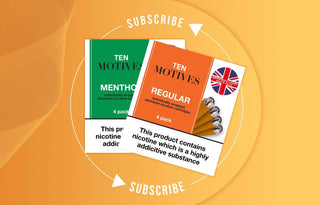 Promotional graphic for 'Ten Motives' nicotine products with subscription callouts on an orange background.