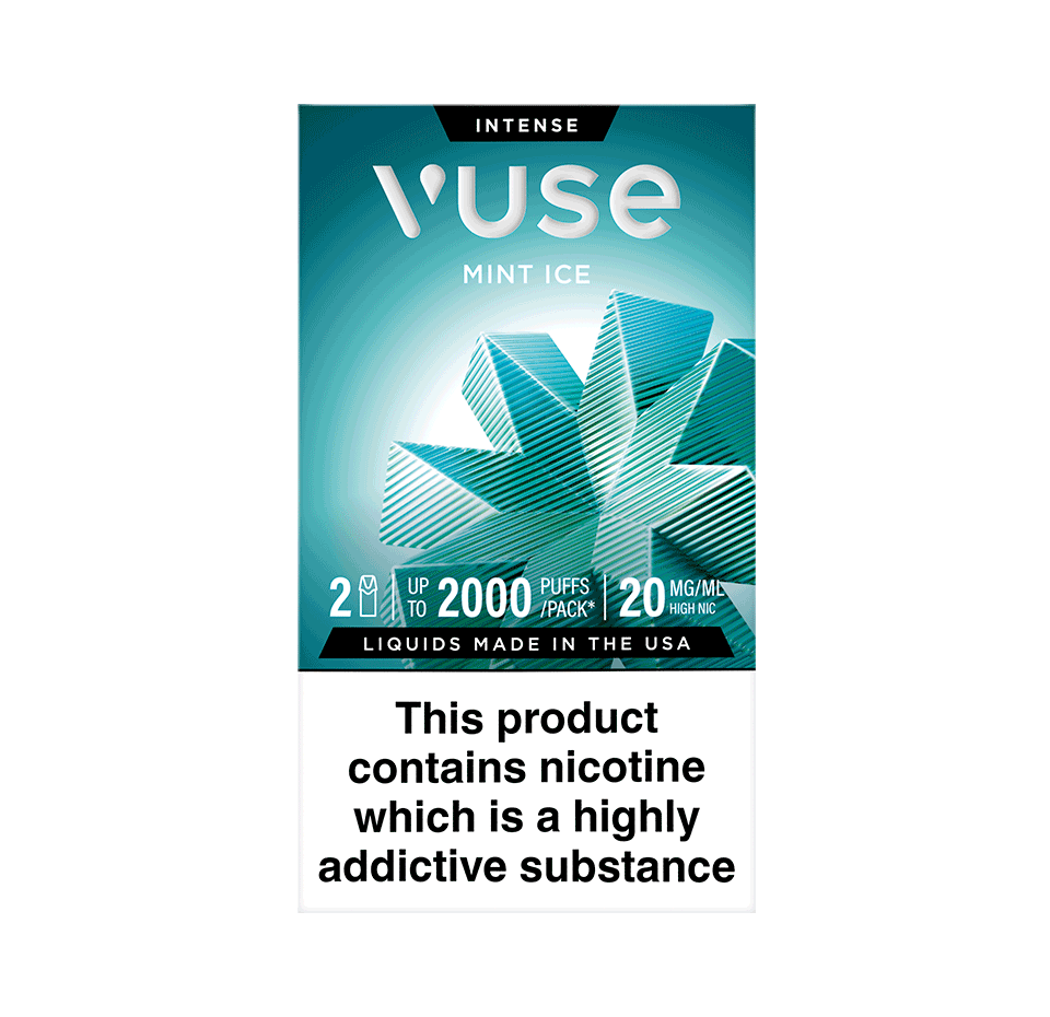Vuse Intense Mint Ice vape pod packaging. The box is red with a geometric strawberry design, stating '2 pods', 'up to 2000 puffs per pack', and '20 mg/mL medium nicotine'. A warning at the bottom reads: 'This product contains nicotine which is a highly addictive substance'