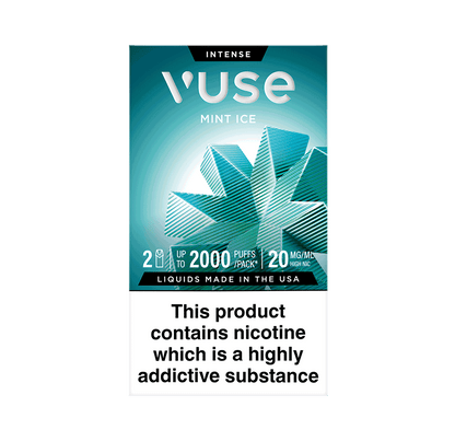 Vuse Intense Mint Ice vape pod packaging. The box is red with a geometric strawberry design, stating '2 pods', 'up to 2000 puffs per pack', and '20 mg/mL medium nicotine'. A warning at the bottom reads: 'This product contains nicotine which is a highly addictive substance'