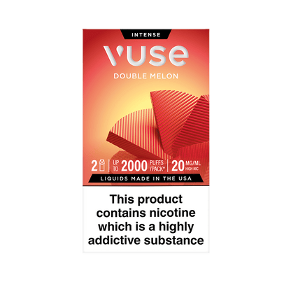 Vuse Intense Double Melon vape pod packaging. The box is red and yellow with a geometric design, stating '2 pods', 'up to 2000 puffs per pack', and '20 mg/mL medium nicotine'. A warning at the bottom reads: 'This product contains nicotine which is a highly addictive substance'