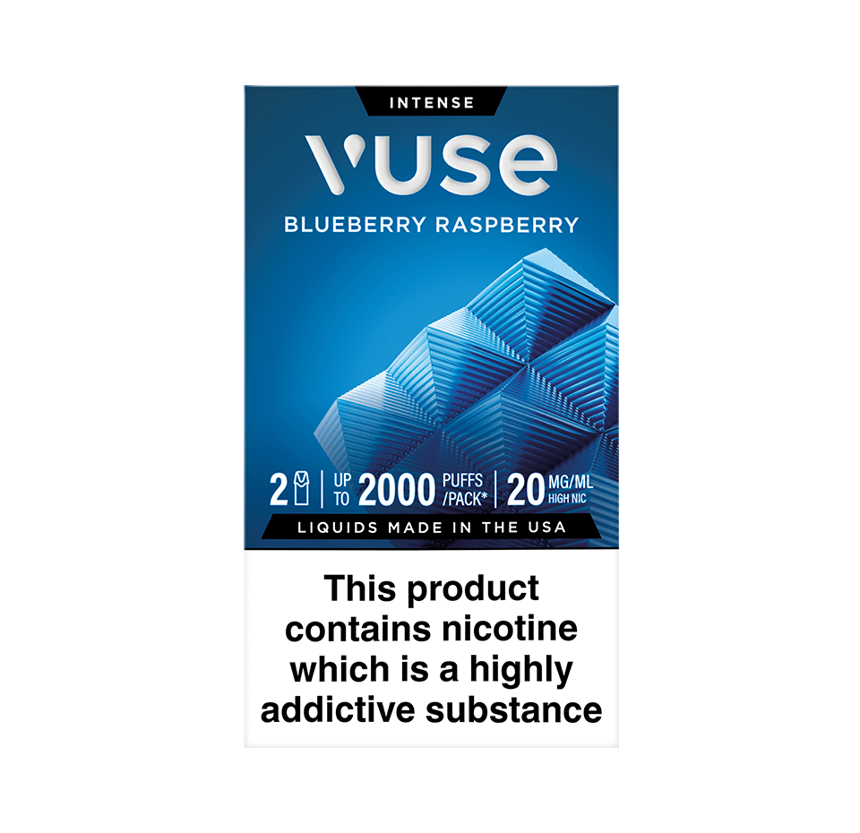 Vuse Intense Blueberry Raspberry vape pod packaging. The box is red with a geometric blueberry design, stating '2 pods', 'up to 2000 puffs per pack', and '20 mg/mL medium nicotine'. A warning at the bottom reads: 'This product contains nicotine which is a highly addictive substance'