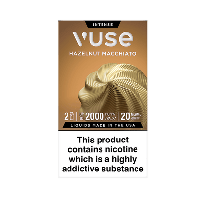 Vuse Extra Intense Flavour vape pods. Hazelnut Machiato flavour, 2 pods, up to 2000 puffs per pack, 20mg/ml. Disclaimer states 'Liquids made in the USA. This product contains nicotine which is a highly addictive substance.